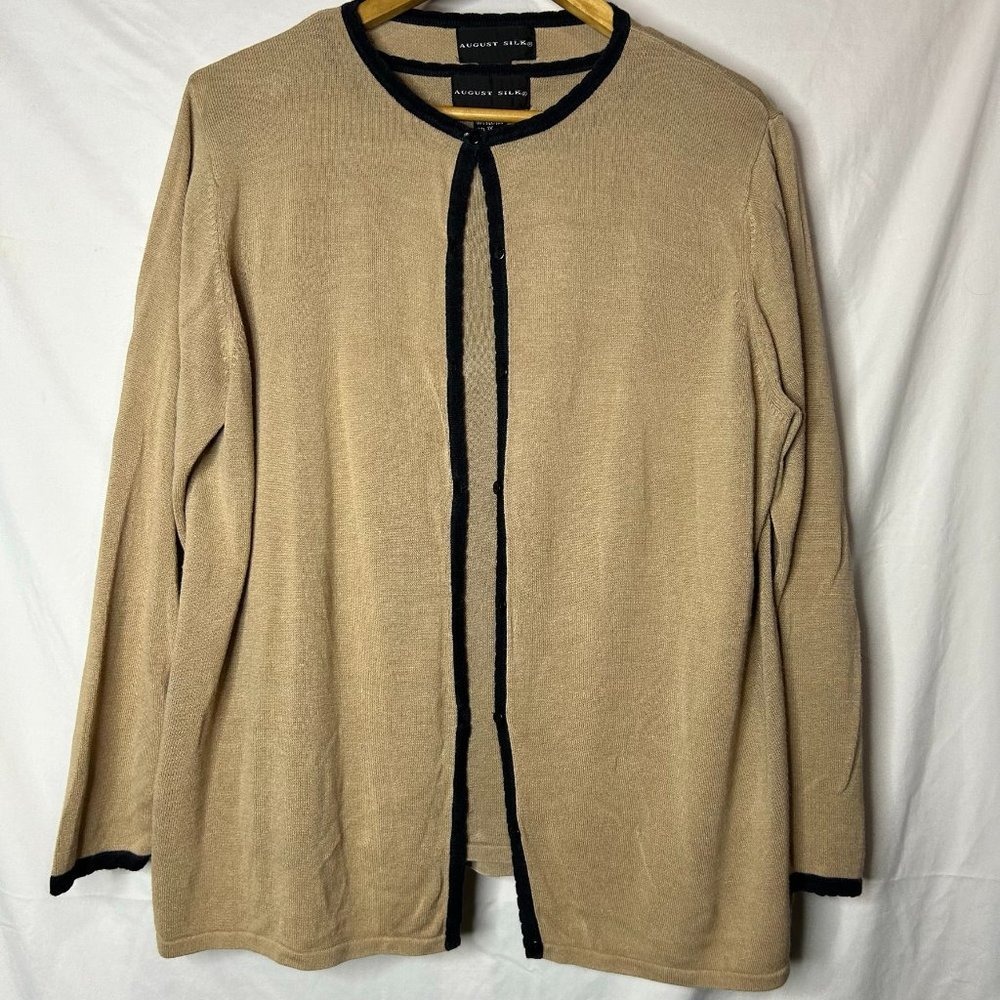 August Silk 100% Silk‎ Twin Set Cardigan and Shell Tan Black Trim Plus Size 1X